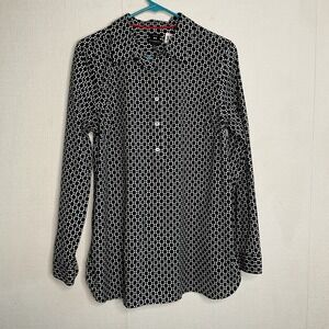 Talbots Blouse Women's Size 12 Popover Non Iron Top Shirt‎ Black White Print NEW
